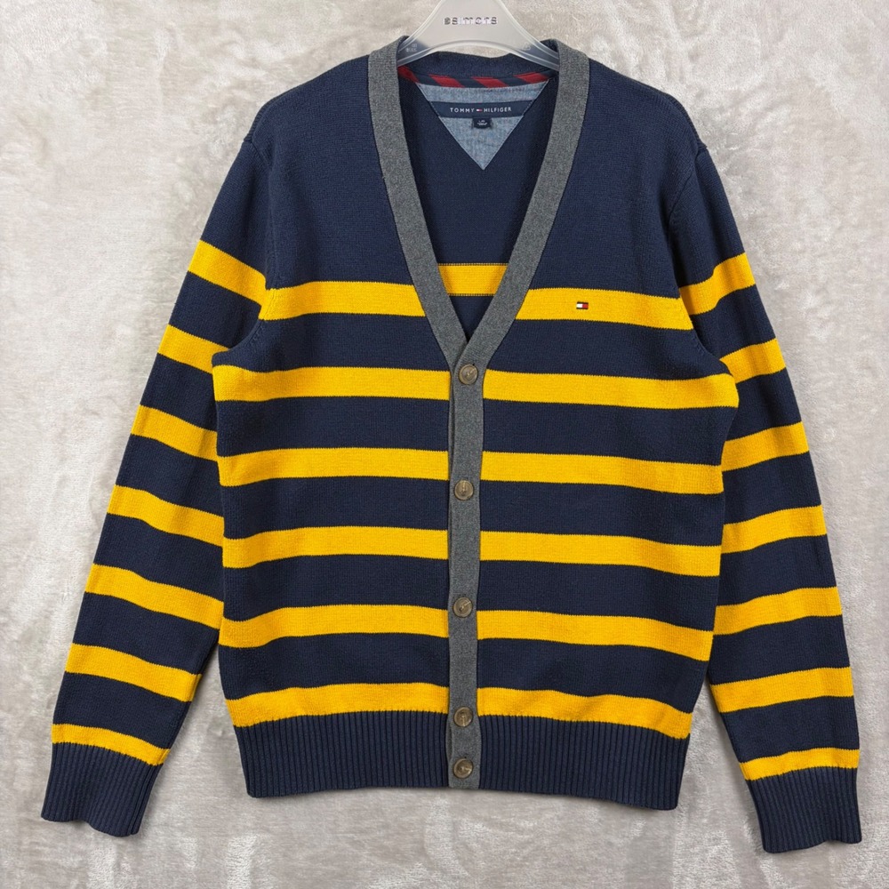 Tommy Hilfiger Mens Striped Cardigan Sweater Navy Yellow Grey Large Cottage Ski